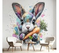 DACRWEKZ Wallpaper Wall Mural Grey Watercolor Animals Rabbit Eating Carrots 350x256cm 3D Photo Wallpaper Silk Walls Mural Poster, for Living Room Bedroom Corridor TV Background Wall Decor Murals