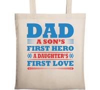 Dad A Son's First Hero A Daughter's First Love Blue and Red Natural Ecological Cotton Tote Bag Beige
