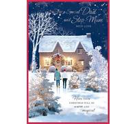Dad and Step-Mum Christmas Greeting Card with Love | Winter Scene Design, Snowy Cottage Artwork, Warm & Magical Message, For Dad & Step-Mum, Festive Card