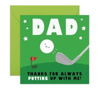 Dad Appreciation Card - 'Thanks for Always Putting Up with Me' - Golf Club & Ball- Fun Birthday or Fathers Day Card for Dad, Father, Stepdad, Him, Golfers from Son or Daughter -Includes Fun Stickers