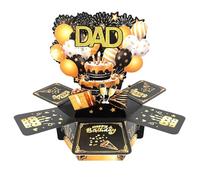 Dad Birthday Card, Happy Birthday Pop up Card for Dad, 3D Black Gold Gift Box, Colorful Balloon Fireworks Creative Gifts Ideas from Son Daughter for Male Father Stepfather Godfather