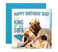 Dad Birthday Card - King of the Sofa Bear - Cheeky Card for Him, Daddy, Father, Grandad, Inlaw, Pops, Old Man, Family - Beer, Crisps & Watching Movies - Greetings for Men - Comes with Stickers
