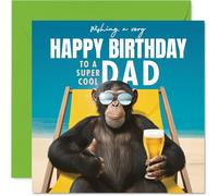 Dad Birthday Card - Relaxing Chimp on Beach - Happy Birthday Card for Dad from Son Daughter, 145mm playful animal illustration Bday Greeting Cards
