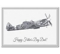 Dad Fathers Day card. Send your love, good wishes and greetings. Unique, elegant printing of hand drawn WW2 Spitfire aeroplane. Vintage design drawing.