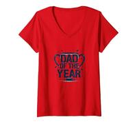 Dad of The Year Trophy Celebration V-Neck T-Shirt, Women, Red, L