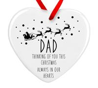 Dad Thinking Of You This Christmas Always In Our Hearts Memory Christmas Bauble | Dad Heart Memorial Xmas Tree Decoration Ornament (Ceramic - Red Ribbon)