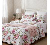 DaDa Bedding Romantic Roses Floral Bedspread Set - Lovely Spring Pink & White Scalloped Colorful Lightweight Breathable - Bright Vibrant Quilted Coverlet w/Pillow Shams - Cal King - 3-Pieces