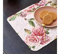DaDa Bedding Romantic Roses Floral Dining Table Placemats - Set of 4-Pieces Quilted Cotton Garden Cottage Pink Red Blossoms Garden - Lovely Decorative Kitchen Tea Time Mats - 13” x 19”