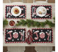 DaDa Bedding Starry Peppermint Joy Placemats - Set of 4 Festive Christmas Winter Holiday Tapestry - Red Black & White Cotton Linen Woven Yueltide Dining Table Mats - 13” x 19” (12904)