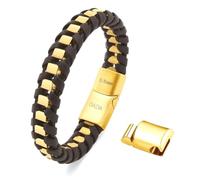Dada Gioielli - Men's Bracelet Satin Gold Also Available in Silver or Black - Genuine Brown or Black Leather Braided - Chain Stainless Steel Hypoallergenic Adjustable 20-21 cm