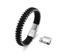 Dada Gioielli - Men's Leather Bracelet in Real Black Leather with Stainless Steel Beads Hypoallergenic Satin or Polished Silver, Magnetic Closure - Adjustable 20-21 cm