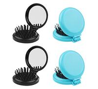 Dadabig 4 PCS Mini Round Folding Comb, Folding Travel Mirror Hair Brush with Mirror Pocket Comb Folding Mirror for Travel Women and Girls, Black and Blue