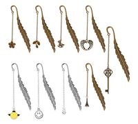 Dadabig 9 PCS Metal Feather Bookmarks, Vintage Creative Book Clip Feather Shaped Bookmarks Bronze Antique Book Page Marker with Pendant for Adults Kids Students Gifts