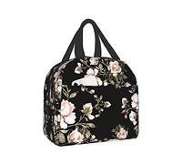 DADABULIU Lunch Bag Watercolor Rose Pink Flower Black Insulated Lunch Box Cooler Tote for Adults Kid Girl Boy Work Office School Picnic Beach Reusable Lunchbox