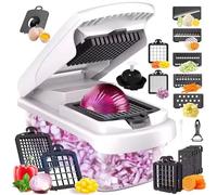 Dadajipo Vegetable Chopper, 7-Blade Onion Dicer, Slicer & Mincer with Container, French Fry Cutter, Kitchen Gadgets & Home Essentials, Food Chopper for Salad & Meal Prep (14-in-1 White and Black)
