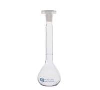 DADAKEWIN 50ml Clear Glass Volumetric Flask with Plastic Stopper Class a High Borosilicate Glass Slender Bottleneck Flat Bottom Lab Chemistry Glassware- Pack of 4 (Size : 50ml)