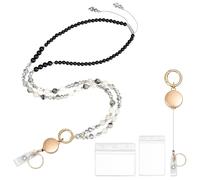 Dadanism Lanyards for ID Badges and Keys, Natural Stone Beaded Lanyard with Retractable Badge Reel, Adjustable Lanyard ID Holder for Teachers, Office Workers, Women, Black Onyx