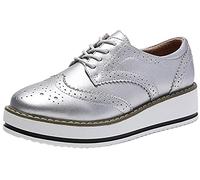 DADAWEN Women's Lace-Up Chunky Cleated Platform Wingtips Oxford Shoes Silver Size 5