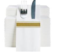 DADAWU Gold Dinner Napkins,Cloth Like with Built-in Pocket,Linen Feel White Napkin,16x16inch,Pack of 100