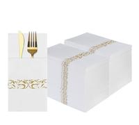 DADAWU White Table Dinner Napkins, Linen-Feel Disposable Napkins with Built-in Flatware Pocket,Gold Paper Napkins for Party, Wedding, Pack of 100