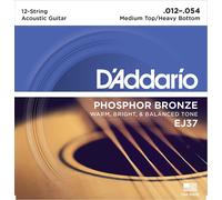 D'Addario Guitar Strings - Phosphor Bronze Acoustic Guitar Strings - EJ37 - Rich, Full Tonal Spectrum - For 12 String Guitars - 2-54 Medium Top/Heavy Bottom 12-String