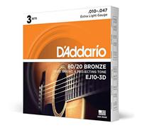 D'Addario Guitar Strings - Acoustic Guitar Strings - 80/20 Bronze - For 6 String Guitar - Deep, Bright, Projecting Tone - EJ10-3D - Extra Light, 10-47 - 3-Pack