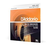 D'Addario Guitar Strings - Acoustic Guitar Strings - 80/20 Bronze - For 6 String Guitar - Deep, Bright, Projecting Tone - EJ10 - Extra Light, 10-47