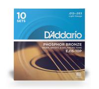 D'Addario EJ16 Phosphor Bronze 12-53 Acoustic Guitar Strings, Light, 10-Pack