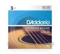 D'Addario EJ16 Phosphor Bronze 12-53 Acoustic Guitar Strings, Light, 3-Pack