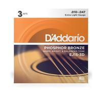 D'Addario EJ15-3D Phosphor Bronze Acoustic Guitar Strings Extra Light 10-47 3 Pa