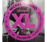 D'Addario XL Nickel Electric Guitar Strings 3 Pack 09-42 Super Light EXL120-3D