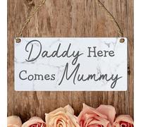 Daddy Here Comes Mummy Wedding Sign - Rustic Hanging Plaque for Wedding Aisle Decoration - Handmade 19cm x 9cm MDF Wooden Sign - Bridesmaid Entrance Accessory with Twine (Grey Marble)