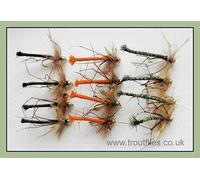 Daddy Long Legs Fishing Flies, 12 Pack Coloured gold Bead, Olive, Black & Orange size 10