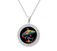 Daddy Shark Puzzle Piece Autism Awareness Multicolored Diamond Necklace Dainty Round Pendants Jewelry for Women Silver-style