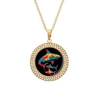 Daddy Shark Puzzle Piece Autism Awareness Multicolored Diamond Necklace Dainty Round Pendants Jewelry for Women Golden-style