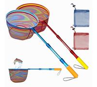 DaddyGoFish Kids Fishing Net - Landing Net Bait Pouch for Catching Fish Frog Minnow Cricket Butterfly Water Beach Lake Pond Gift for Boys and Girls - 2 Pack, Blue + Red