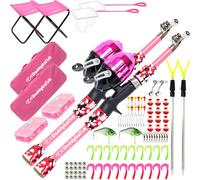 DaddyGoFish Kids Fishing Pole - Rod Reel Combo Tackle Box Starter Set - First Year Small Dock Gear Kit for Boys Girls Toddler Youth Age Beginner Little Children Junior Anglers (2 Pack Pink + Pink 5ft)