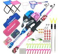 DaddyGoFish Kids Fishing Pole - Rod Reel Combo Tackle Box Starter Set - First Year Small Dock Gear Kit for Boys Girls Toddler Youth Age Beginner Little Children Junior Anglers (2 Pack Blue + Pink 5ft)