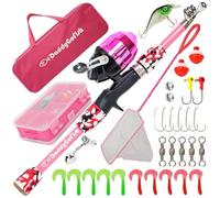 DaddyGoFish Kids Fishing Pole - Rod Reel Combo Tackle Box Starter Set - First Year Small Gear Kit for Boys Girls Toddler Youth Age Beginner Little Children (Essential Set, Pink, 5ft)