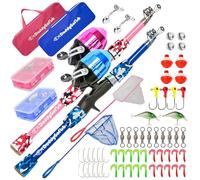 DaddyGoFish Kids Fishing Pole - Rod Reel Combo Tackle Box Starter Set - First Year Small Gear Kit for Boys Girls Toddler Youth Age Beginner Little Children (Essential Set, Blue + Pink, 4ft)