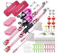 DaddyGoFish Kids Fishing Pole - Rod Reel Combo Tackle Box Starter Set - First Year Small Gear Kit for Boys Girls Toddler Youth Age Beginner Little Children (Essential Set, Pink + Pink, 5ft)