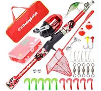 DaddyGoFish Kids Fishing Pole - Rod Reel Combo Tackle Box Starter Set - First Year Small Gear Kit for Boys Girls Toddler Youth Age Beginner Little Children (Essential Set, Red, 5ft)