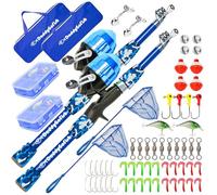 DaddyGoFish Kids Fishing Pole - Rod Reel Combo Tackle Box Starter Set - First Year Small Gear Kit for Boys Girls Toddler Youth Age Beginner Little Children (Essential Set, Blue + Blue, 5ft)