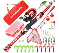 DaddyGoFish Kids Fishing Pole - Rod Reel Combo Tackle Box Starter Set - First Year Small Gear Kit for Boys Girls Toddler Youth Age Beginner Little Children (Essential Set, Red, 4ft)