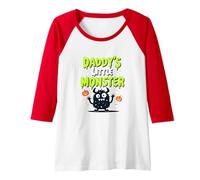 Daddys Little Monster Spooky Halloween Family Fun Raglan Baseball Tee, Women, Red/White, S