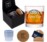 Daddy's Sippy Cup Whiskey Glass Set In Gift Box, Funny unique Gifts for New Dad, Father, Papa, Husband, Father Gifts From Wife - 10 Oz Old Fashioned Glass & Ice Ball Mold & Coaster & Gift Card