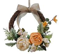 DADEA Door Wreath, Artificial Peony Flower Unfading Floral Wreath, 10Inch Hanging Ornament Wreath Front Door Spring Summer for Outdoor Front Door Indoor Wall Or Window, Orange, 10.2inch