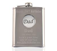 Dad's 70th Birthday, Personalised Engraved 6oz Stainless Steel Hip Flask with Solid Pewter 'Dad' Feature, Men's Birthday