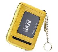 DAEFAG Genuine Leather Minimalist Wallet for Women with Keychain RFID Blocking Holds 12 Cards Credit Card Holder Thin Slim Purse Small Travel Wallet 10.9 x 7.6 x 1.8 c, #8 Yellow