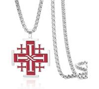 DAEFAG Jerusalem Cross Necklace Stainless Steel Pendant Religious Statement Prayer Amulet Medieval Baptism Jewelry for Commemorating Sacred History Steel Chain for Men, Red